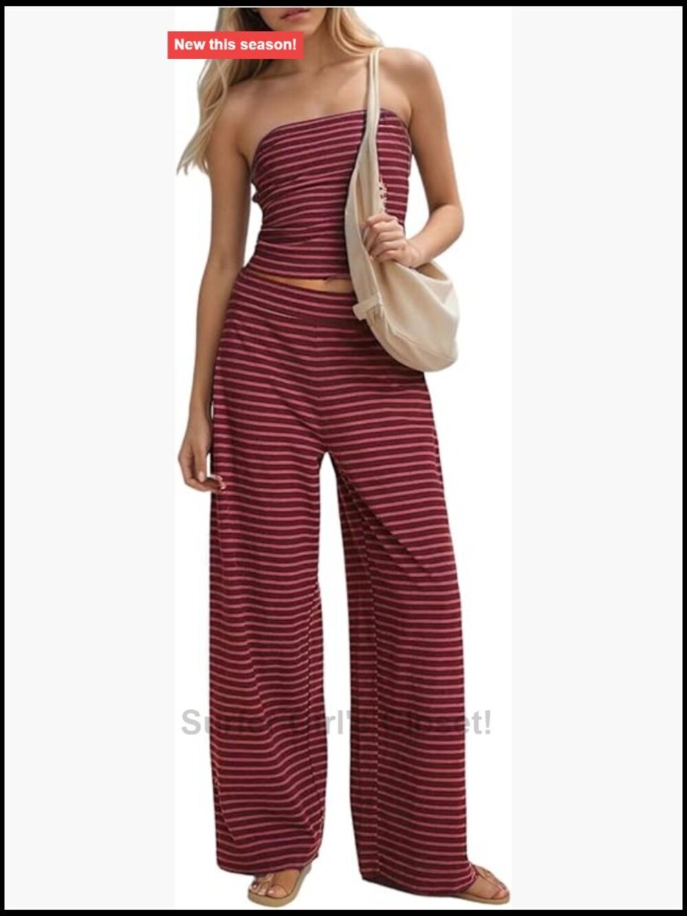 Women's 2 Piece Outfits Striped Strapless Top and Mid Rise Pants Set